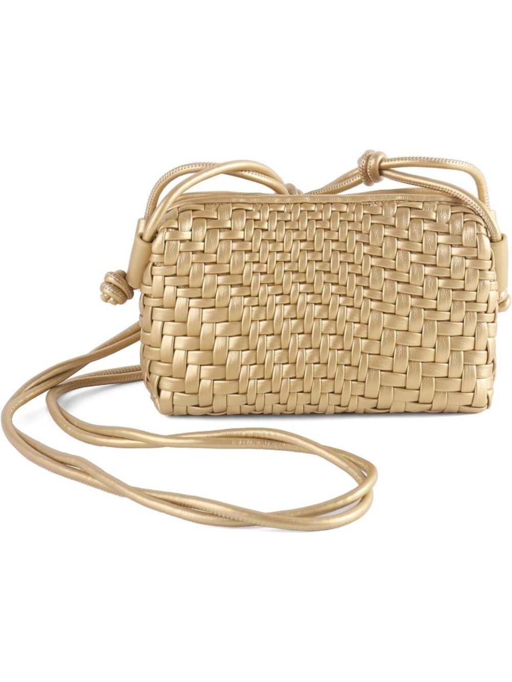 Women's Gold Small Woven Vegan Leather Zipper Imported Crossbody Bag